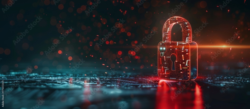 A red lock on a dark surface with red lights