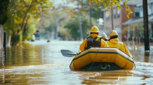 Flood response team navigating through submerged streets on a rescue boat © Fat Bee