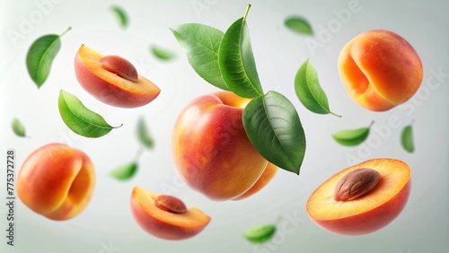 Peaches with lush green leaves falling gracefully against a white backdrop. Slices of peach fly in a blurred dance, adding a touch of whimsy.