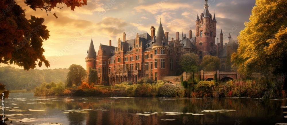 Obraz premium A picturesque castle with intricate details overlooking a serene lake in the foreground