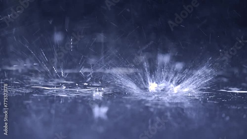 Slow Motion Footage: Rainwater Hitting Ground Up Close, Creating Splash