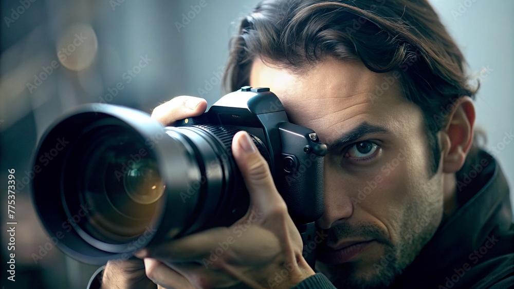 Close-up of a photographer operating a professional camera during a photoshoot. Close-up of a photographer operating a professional camera during a photoshoot.