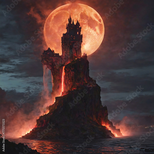 Evil Lair Castle. A sinister looking castle built high upon a volcanic mountain with a hot lava moat set against the backdrop of a gorgeous blood moon.