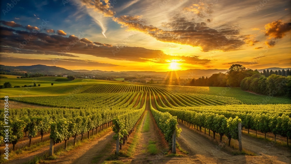 A vineyard bathed in the warm hues of a summer sunset.