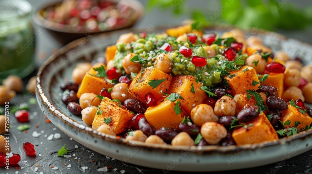 A macro image showcasing a platter containing chickpeas, beans, and broccoli A macro image showcasing a platter containing chickpeas, beans, and broccoli