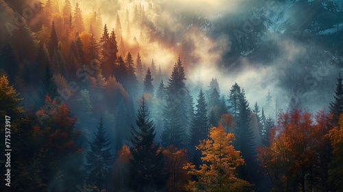 Colorful photo of a beautiful misty forest #775373917