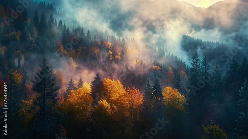Colorful photo of a beautiful misty forest