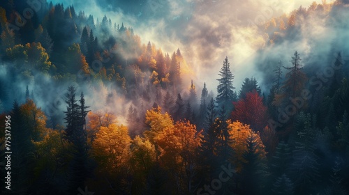 Colorful photo of a beautiful misty forest