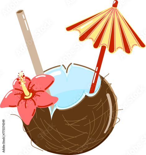 Pina Colada coconut cocktail with umbrella and straw. Flat style isolated on white