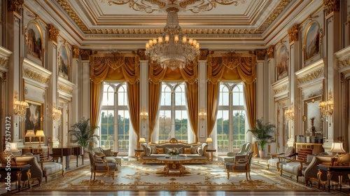 Luxurious neoclassical drawing room with opulent chandeliers and ornate gold trim in soft lighting