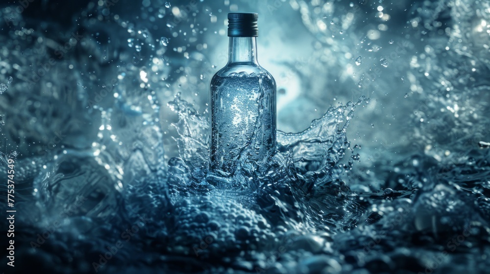 Bottle of vodka with splashes of water on dark blue background Bottle of vodka with splashes of water on dark blue background