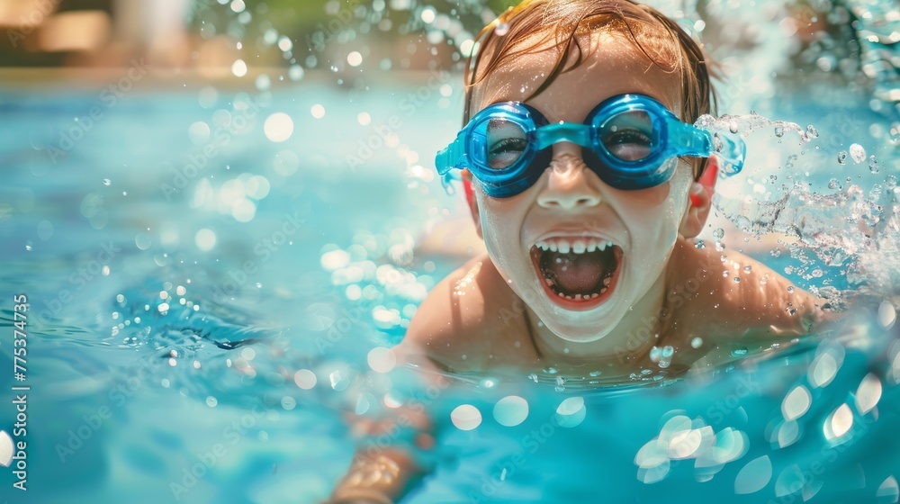 Happy child enjoying a swim during a swimming lesson in bright blue water