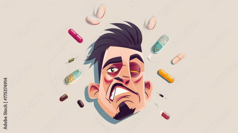 A cartoon illustration of a drug dealing man, with exaggerated facial features and symbolic attributes of drug addiction, on a simple minimalist background. --no text, titles --ar 16:9 --quality 0.5 - - obrazy, fototapety, plakaty 