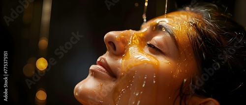 Young woman receiving Shirodhara treatment with oil dripping on her forehead during an Ayurvedic massage session. Concept Ayurvedic Massage, Shirodhara Treatment, Oil Dripping, Relaxation Therapy photo