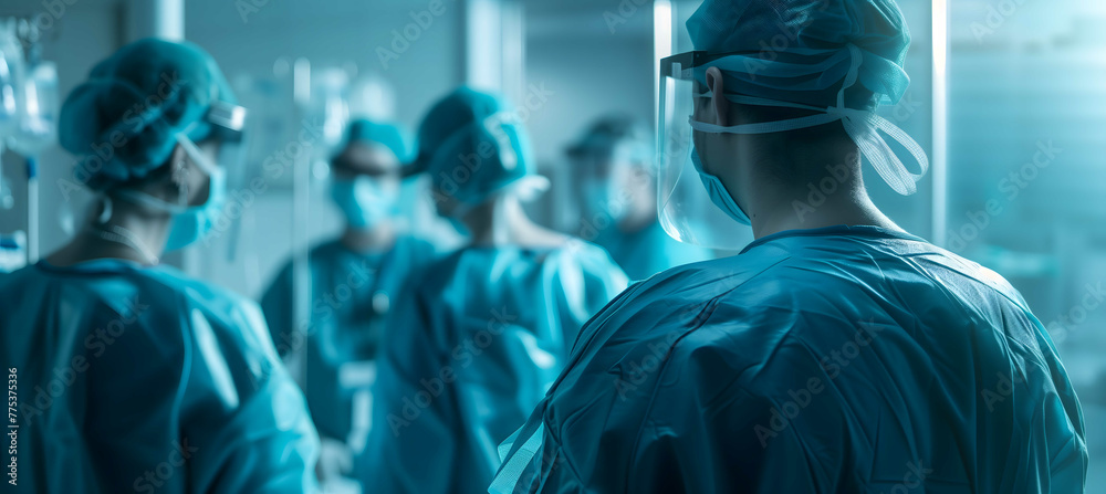 Medical doctor ER team, surgeon and anesthetist on medical clinic room background for emergency nursing care professional teamwork and patient trust in hospital's hospitality concept - obrazy, fototapety, plakaty 