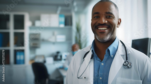 Male African American medic in white coat with positive smile. Middle aged man keeping arms crossed on chest. Photo on hospital background. Picture with copy space.