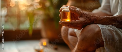 Closeup of an elderly man applying ayurvedic oil to his knee joint at home for natural pain relief. Concept Elderly man, Ayurvedic oil, Knee joint, Pain relief, Home care