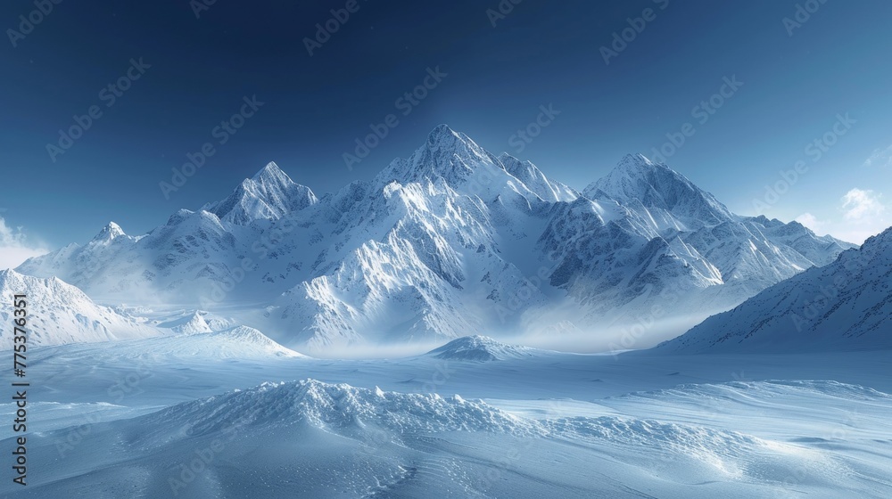 Alpenglow on snowy peaks  ultra realistic wide angle photo of mountains in high resolution