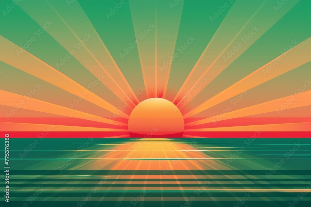 the sun setting over an ocean, with a gradient background in shades of green and orange The sky is filled with rays that form geometric shapes reminiscent of modern art Generative AI