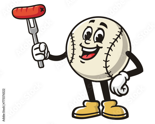 Baseball holding sausage cartoon mascot illustration character vector clip art hand drawn