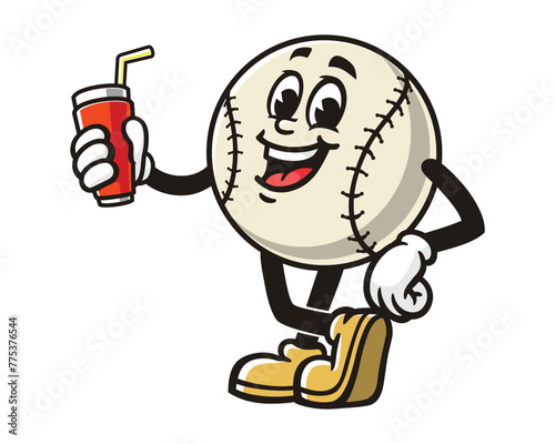 Baseball holding soft drink cartoon mascot illustration character vector clip art hand drawn