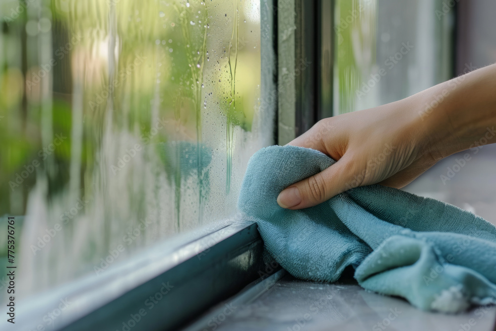 Woman hand wipes off water condensation from window glass at home. High humidity, poor