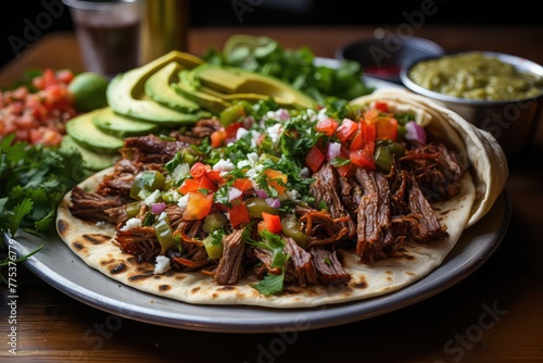 Soft tortillas filled with grilled meat, typically carne asada, topped with salsa, guacamole, and fresh cilantro. A burst of flavors, a street food sensation. 