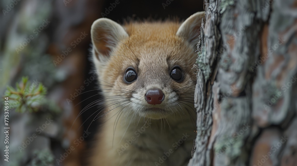An intimate close-up of a tiny critter emerging from a tree's bark, its eyes wide open An intimate close-up of a tiny critter emerging from a tree's bark, its eyes wide open