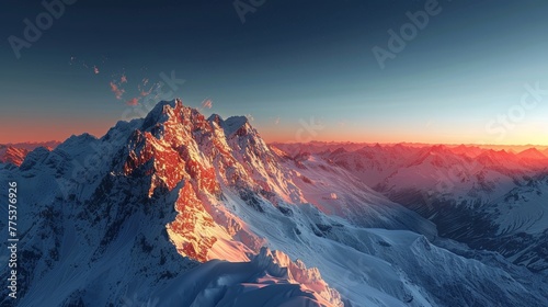 Alpenglow on snowcapped peaks in ultra realistic high res shot with deep blue sky