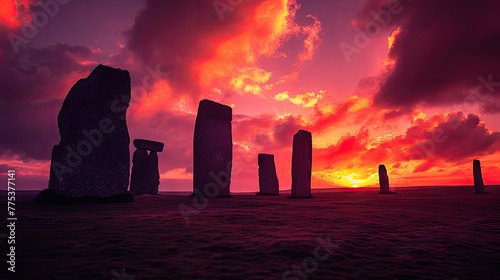 Silhouette UK, Scotland, Mainland, Clouds over Standing Stones of Stenness at Moody Sunset photo