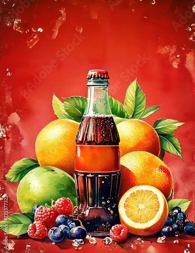 fresh fruits above coke bottle