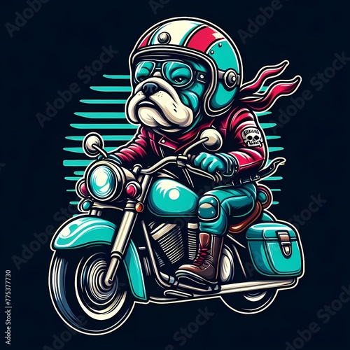 illustration of a bulldog riding a motorcycle