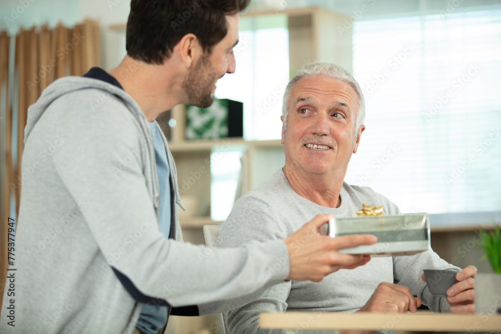 Fototapeta premium mature son congratulating elderly father