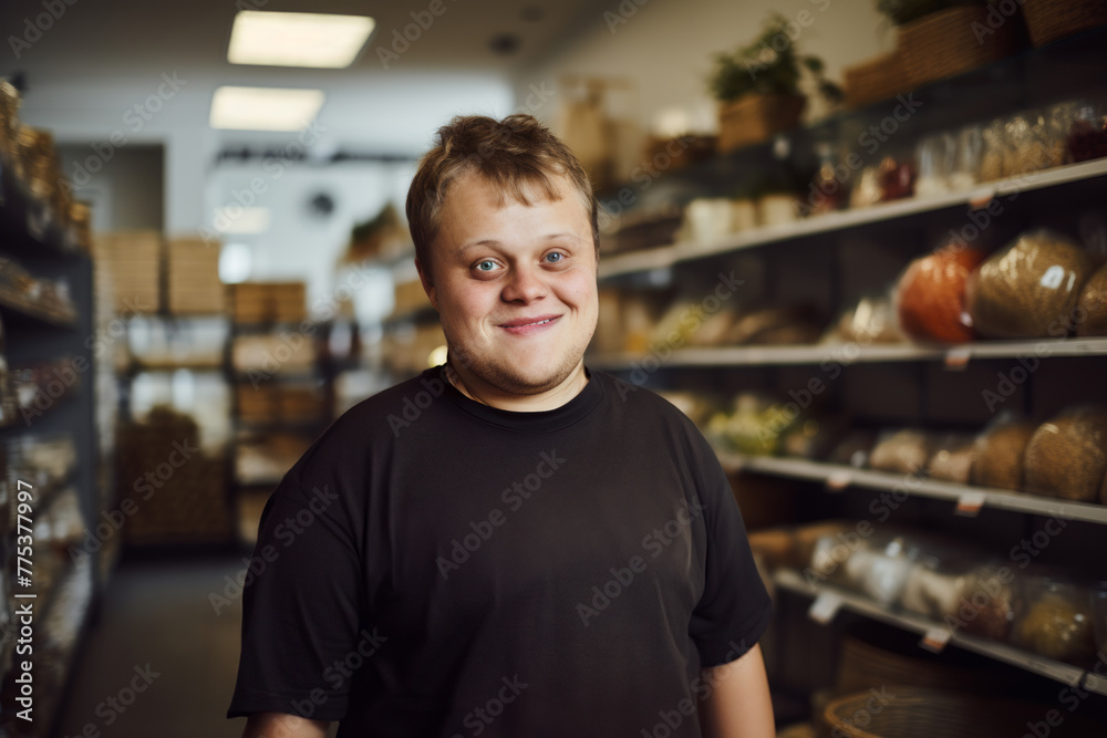 Fototapeta premium Employee with Down syndrome working in store, looking joyful and smiling. Happy man with intellectual disability working as warehouse worker, sales assistant