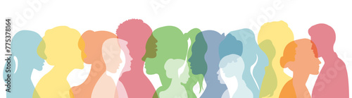  Silhouettes of people of different nationalities standing side by side. Silhouettes of a group of people.Vector illustration.