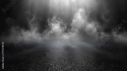 Abstract image of Empty space asphalt street with white smoke in dark light.