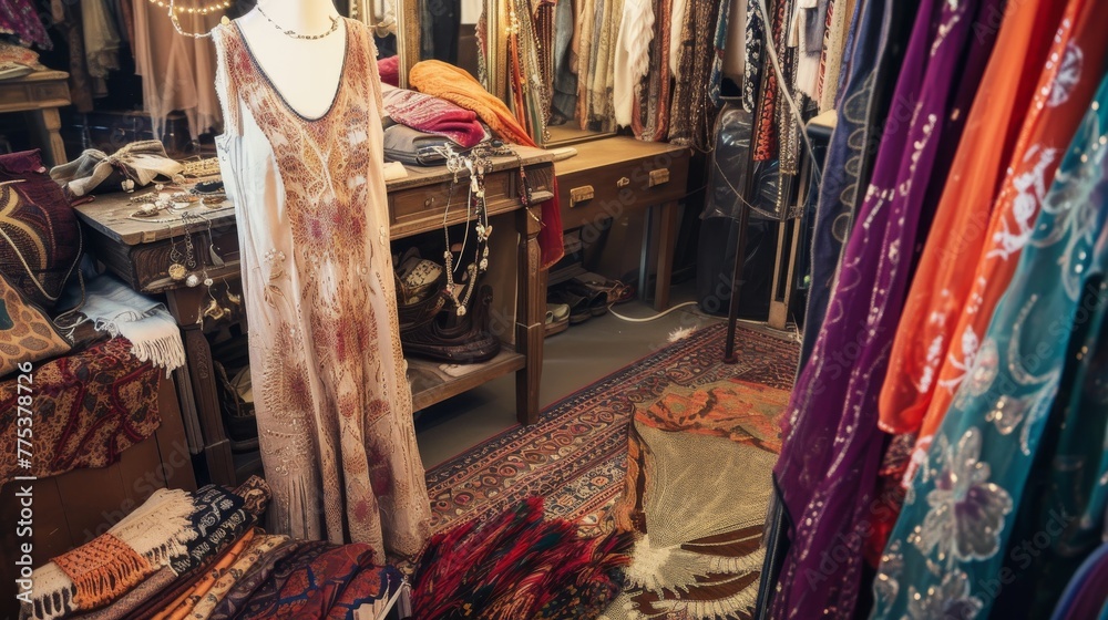 Bohemian chic: dressing room with vintage dresses, scarves and jewelry --no text, titles, hand --ar 16:9 --quality 0.5 --stylize 0 Job ID: 21fc9b64-a401-48a0-9eed-17001caa2820