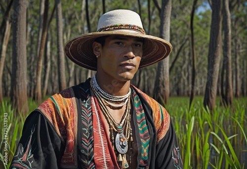 Photo of a Seminole Native American in traditional attire posing in the Florida swamps photo