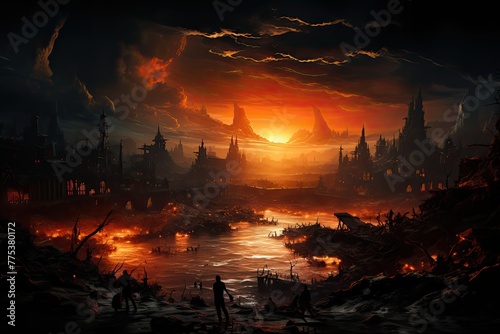 haunting scene unfolds as a ruined city smolders  consumed by flames that lick the remnants of structures. The darkened sky looms overhead  filled with ominous clouds. 