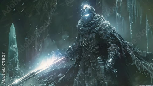 armored knight with a menacing aura stands in a chilling, dark icy cave. His eyes glow with a blue ethereal light photo