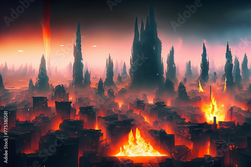 Atto finale, illustrazione di una citta distrutta in fiamme photo