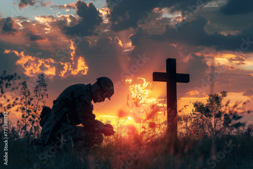 Solace at Sunset: A Soldier's Moment of Remembrance