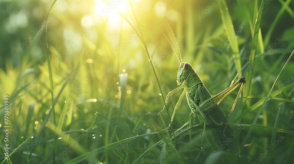 Grasshoppers chirping in the tall grass - obrazy, fototapety, plakaty 