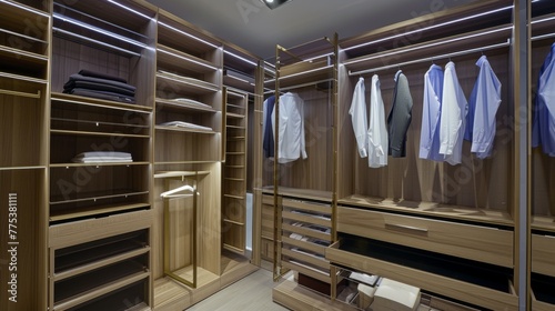 A picture of a walk-in closet with built-in rails, drawers and automatic storage systems for maximum functionality and ease of use --no text, titles, hand, shoes --ar 16:9 --quality 0.5 --stylize 0