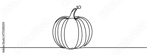 Single continuous line drawing of whole big round healthy organic pumpkin for orchard logo identity. Fresh fall fruitage concept for fruit garden icon. Modern one line draw design vector illustration