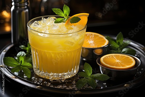 classic cocktail with vodka, orange juice, and Galliano liqueur. Mix, pour, and shake with ice. Garnish with an orange slice. A zesty, vibrant drink with a touch of sweetness. photo