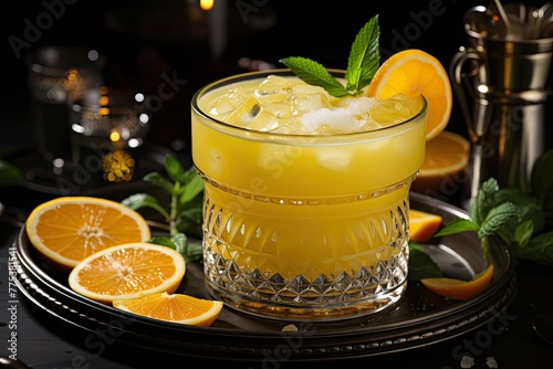 classic cocktail with vodka, orange juice, and Galliano liqueur. Mix, pour, and shake with ice. Garnish with an orange slice. A zesty, vibrant drink with a touch of sweetness. photo