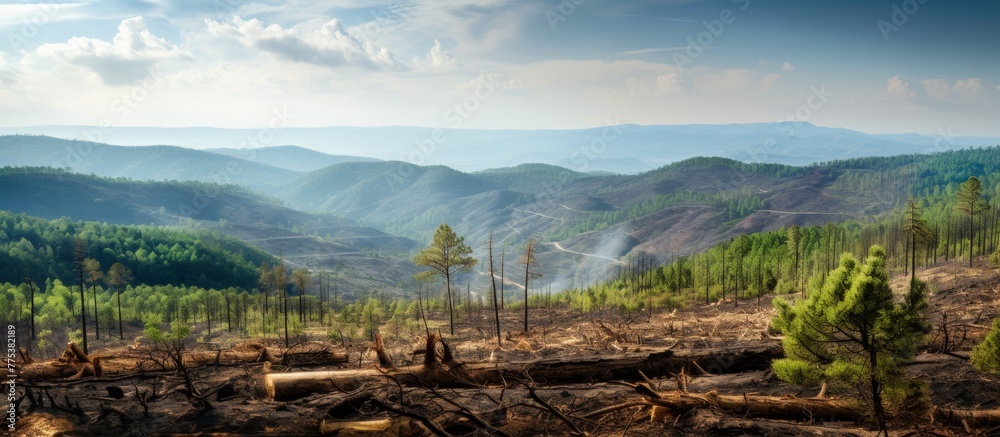 A winding road in the mountainous terrain leads towards a raging forest fire, with smoke billowing into the sky A winding road in the mountainous terrain leads towards a raging forest fire, with smoke billowing into the sky