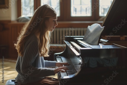 Woman playing grand piano at home