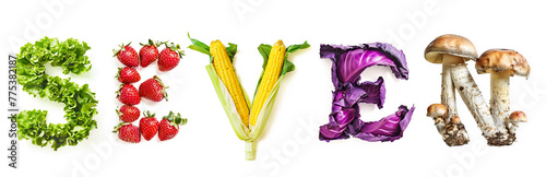 Seven Text Made of Fruits and Vegetables (Lettuce, Strawberry, Corn, Red Cabbage, Mushrooms) Isolated on White Background photo